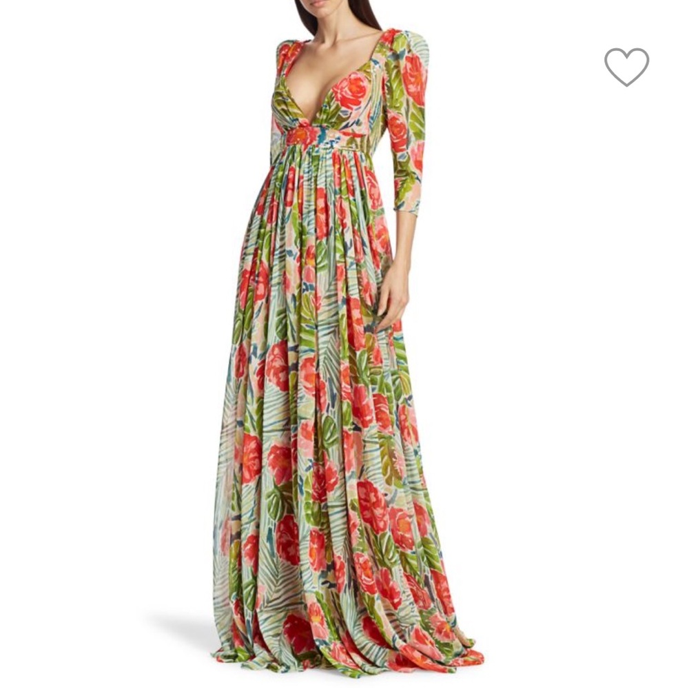 NWT $1095 Badgley Mischka puff-sleeve floral printed gown - Size 2